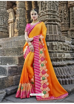 Orange Designer Party Wear Heavy Silk Saree