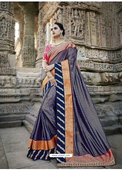 Navy Blue And Orange Designer Party Wear Heavy Silk Saree