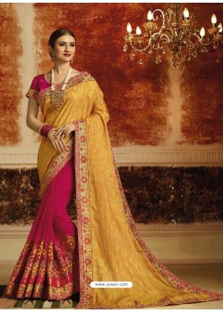 Mustard And Rani Embroidered Designer Jacquard Party Wear Saree