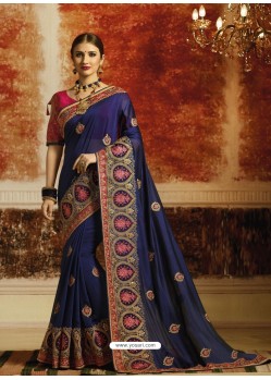 Navy Blue Embroidered Designer Rangoli Silk Party Wear Saree