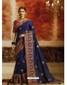 Navy Blue Embroidered Designer Rangoli Silk Party Wear Saree