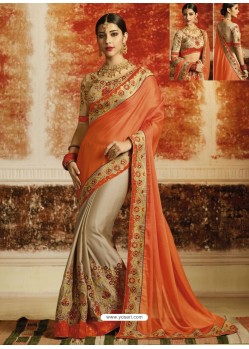 Orange And Light Brown Embroidered Designer Rangoli Silk Party Wear Saree