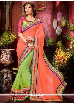 Blooming Peach And Green Faux Georgette Saree