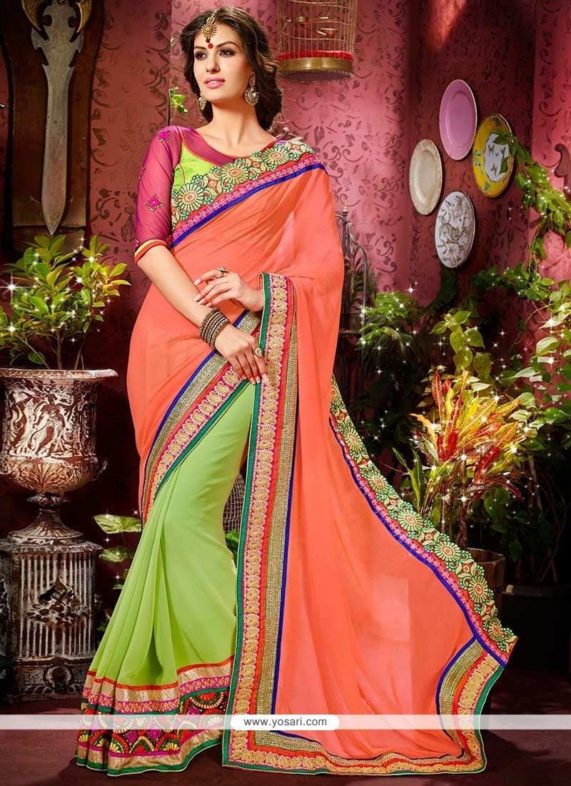 Blooming Peach And Green Faux Georgette Saree