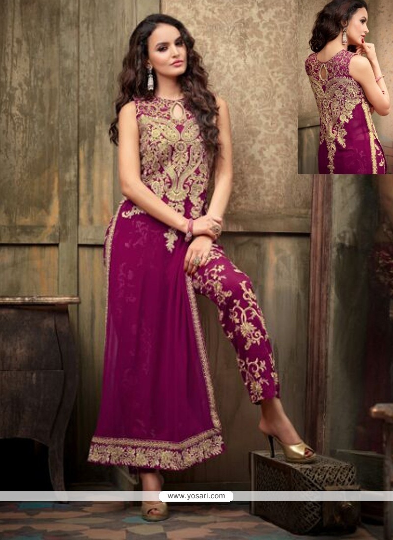 Flashy Magenta Georgette Pant Style Suit