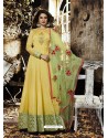 Yellow Pure Silk Chanderi Designer Floor Length Embroidered Suit