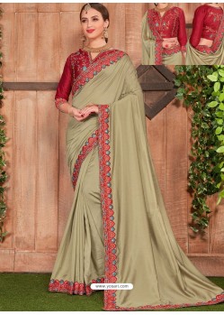 Olive Green Fancy Heavy Dyed Embroidered Border Designer Saree