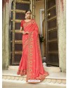 Light Red Embroidered Designer Silk Wedding Saree
