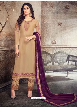 Beige Georgette Embroidered Designer Straight Suit