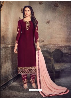 Maroon Georgette Embroidered Designer Straight Suit