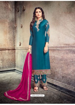 Teal Blue Georgette Embroidered Designer Straight Suit