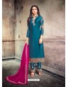 Teal Blue Georgette Embroidered Designer Straight Suit