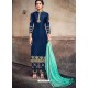 Peacock Blue Georgette Embroidered Designer Straight Suit