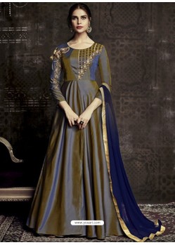 Dull Grey Tapera Silk Embroidered Designer Floor Length Suit