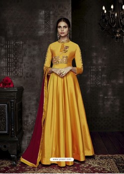 Yellow Tapera Silk Embroidered Designer Floor Length Suit