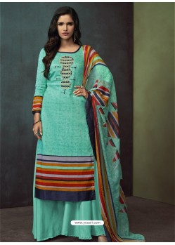 Sky Blue Heavy Cotton Embroidered Palazzo Suit