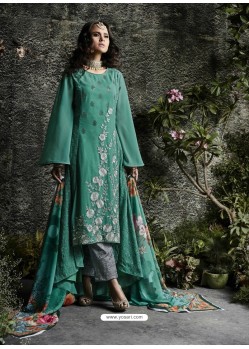 Teal Embroidered Pure Muslin Designer Straight Suit