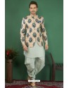 Sea Green Printed Silk Brocade Designer Jodhpuri Kurta Pajama