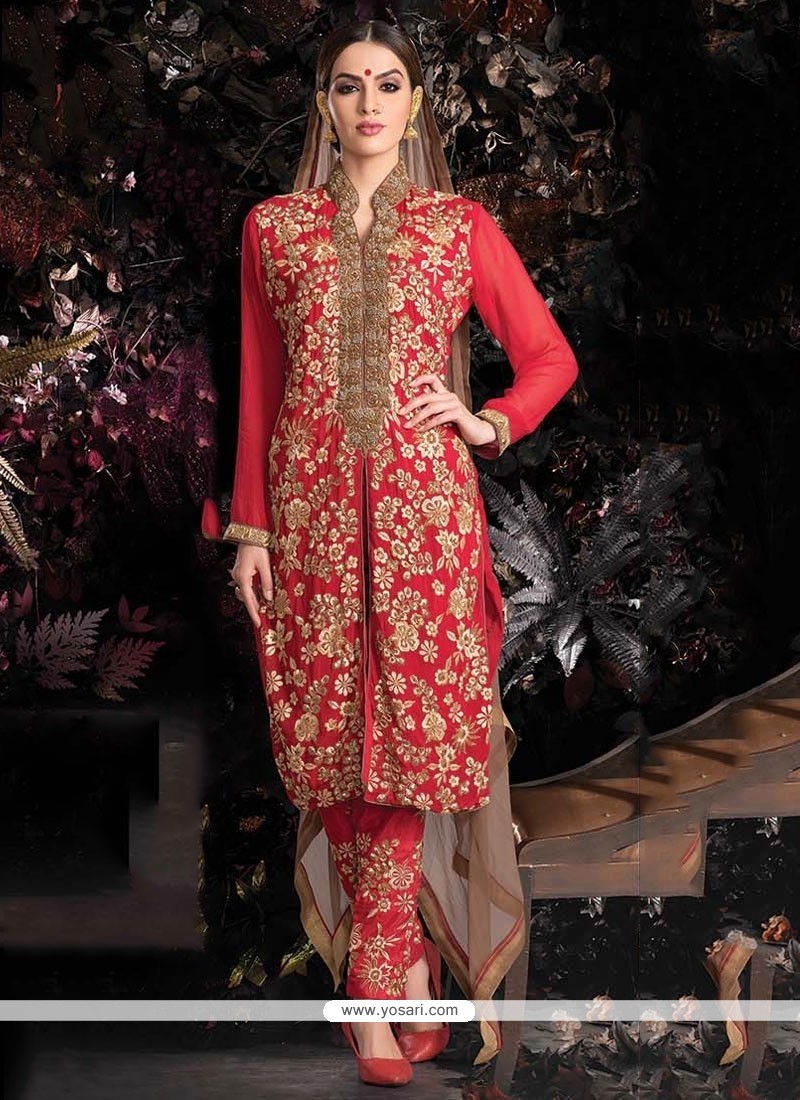 Dazzling Red Georgette Zari Work Pant Style Suit