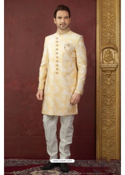 Yellow Embroidered Imported Jaquard Designer Indo Western Sherwani