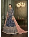 Peacock Blue Mulbary Silk Heavy Embroidered Designer Floor Length Suit