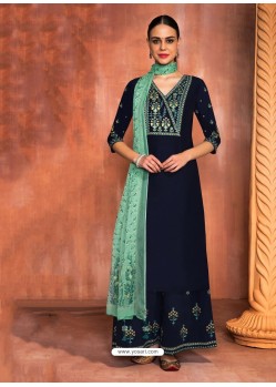 Navy Blue Muslin Silk Embroidered Designer Palazzo Suit
