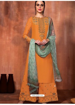 Orange Muslin Silk Embroidered Designer Palazzo Suit