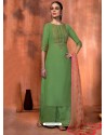 Green Muslin Silk Embroidered Designer Palazzo Suit