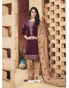 Deep Wine And Beige Pure Cotton Satin Designer Salwar Suit