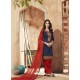 Navy Blue And Red Pure Cotton Satin Designer Salwar Suit