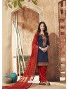 Navy Blue And Red Pure Cotton Satin Designer Salwar Suit