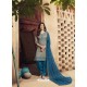 Grey And Teal Blue Pure Cotton Satin Designer Salwar Suit