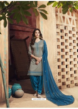 Grey And Teal Blue Pure Cotton Satin Designer Salwar Suit