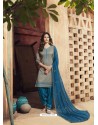 Grey And Teal Blue Pure Cotton Satin Designer Salwar Suit