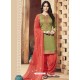 Green And Light Red Pure Cotton Satin Designer Salwar Suit