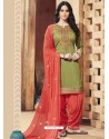 Green And Light Red Pure Cotton Satin Designer Salwar Suit