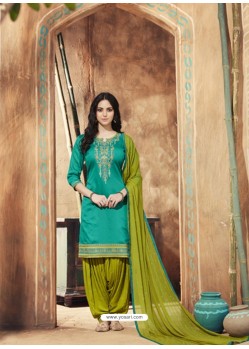 Teal And Green Pure Cotton Satin Designer Salwar Suit