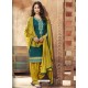 Teal And Corn Pure Cotton Satin Designer Salwar Suit