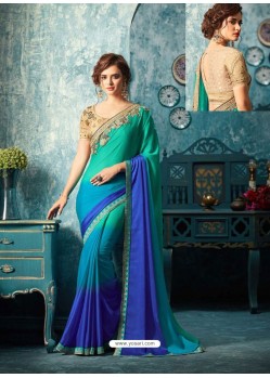 Jade Green And Blue Silk Designer Party Wear Saree