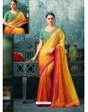Yellow And Orange Silk Designer Party Wear Saree