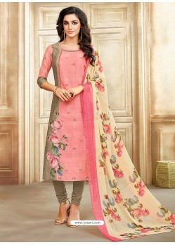 Peach And Taupe Embroidered Chanderi Cotton Designer Churidar Suit
