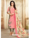 Peach And Taupe Embroidered Chanderi Cotton Designer Churidar Suit
