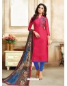 Fuchsia And Royal Blue Embroidered Chanderi Cotton Designer Churidar Suit