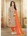 Orange And Taupe Embroidered Chanderi Cotton Designer Churidar Suit