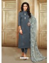 Dull Grey Embroidered Chanderi Cotton Designer Churidar Suit