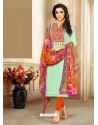 Sea Green And Orange Embroidered Chanderi Cotton Designer Churidar Suit