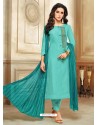 Turquoise Embroidered Chanderi Cotton Designer Straight Suit