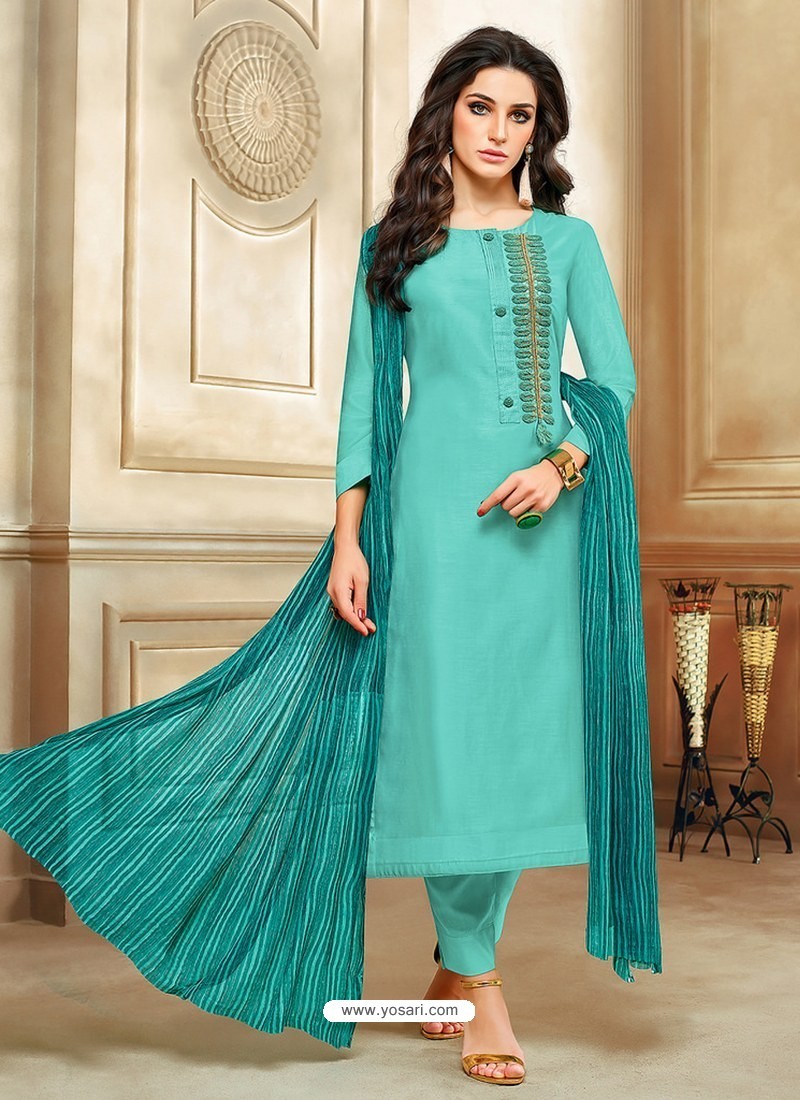 Buy Turquoise Embroidered Chanderi Cotton Designer Straight Suit ...