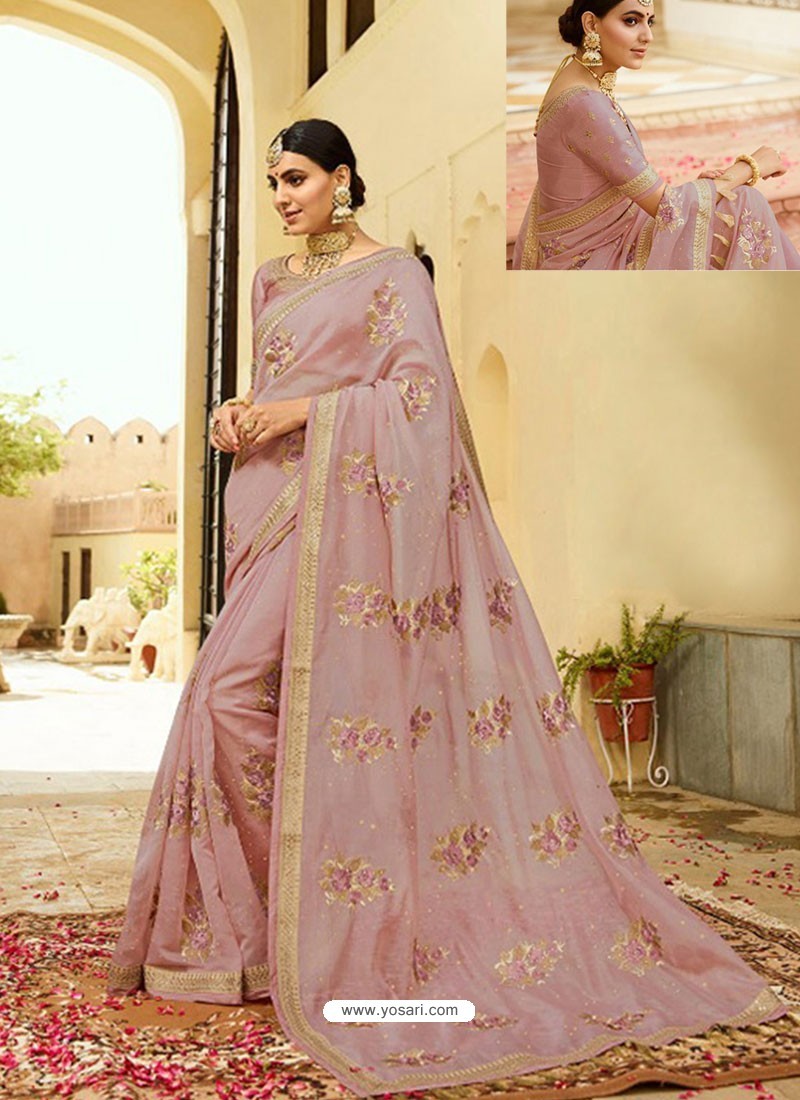 Dusty Peach Pink Designer Embroidered Silk Party Wear Saree