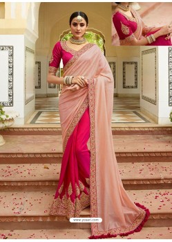 Pink And Rani Embroidered Net Designer Party Wear Saree